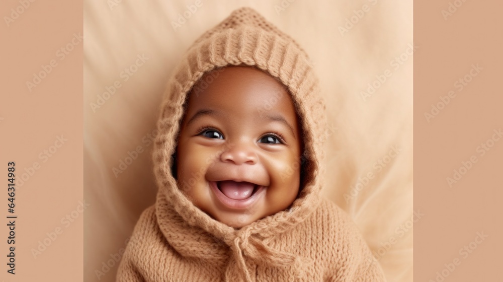 An adorable infant with an afro hairstyle, dressed in soft-toned clothing, joyfully posing in a studio setting. Generative AI