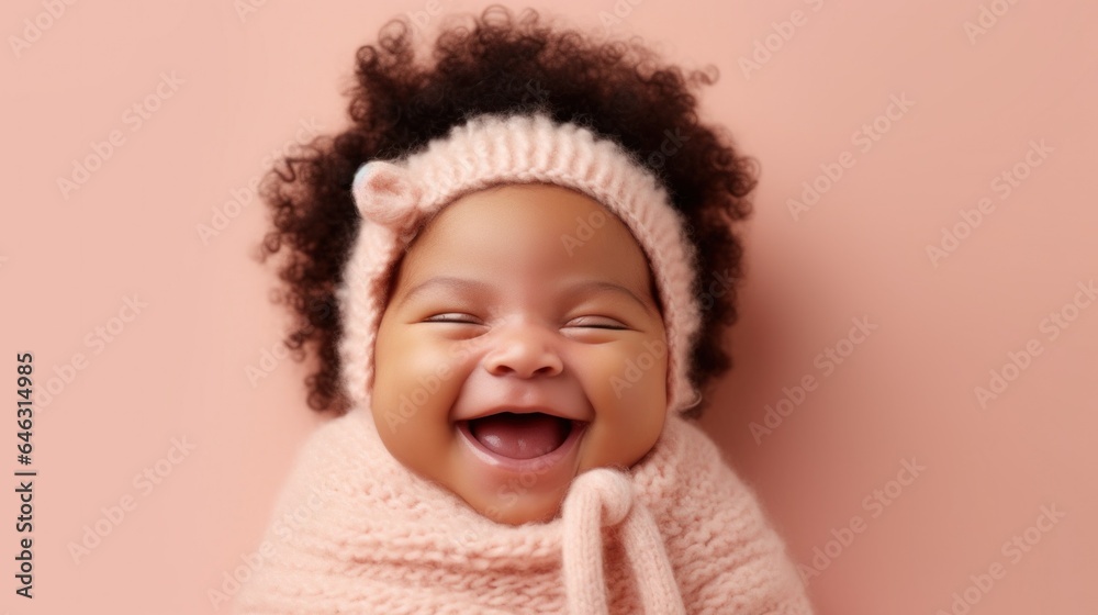 A sweet, smiling Afro baby, wearing neutral colors, set against a studio backdrop. Generative AI A sweet, smiling Afro baby, wearing neutral colors, set against a studio backdrop. Generative AI