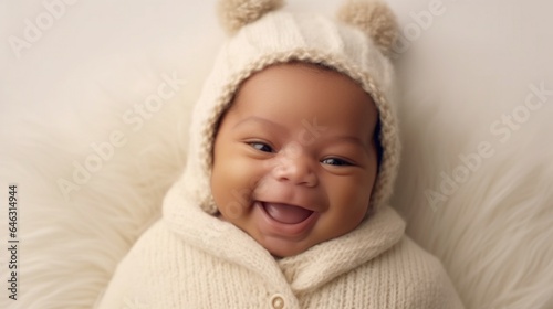 A cute, smiling afro infant, wrapped in neutral tones, striking a pose against a studio background. Generative AI