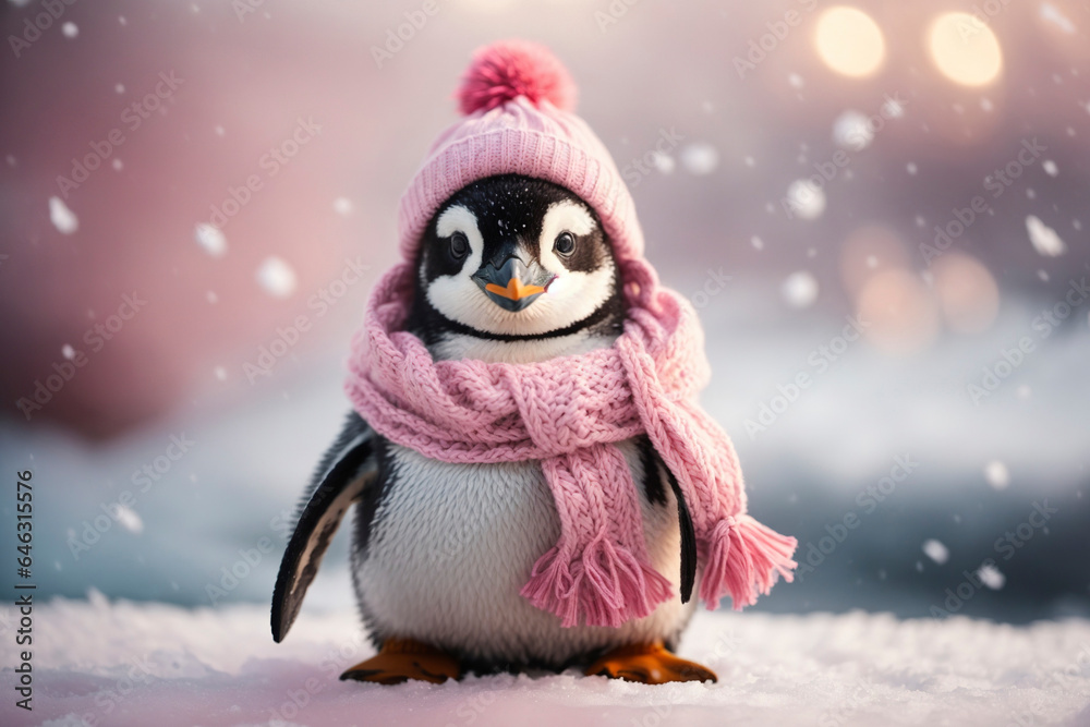 Baby penguin wearing a bobble hat and scarf in the snow Baby penguin wearing a bobble hat and scarf in the snow