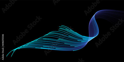 Vector abstract light lines wavy flowing dynamic in blue green colors isolated on black background for concept of AI technology, digital, communication, 5G, science, music