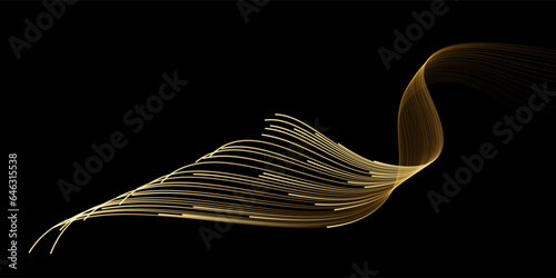 Vector wave lines smooth flowing dynamic gold gradient light isolated on black background for concept of luxury, technology, digital, communication, science, music