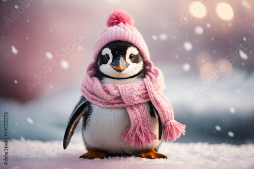 Baby penguin wearing a bobble hat and scarf in the snow © Melipo-Art