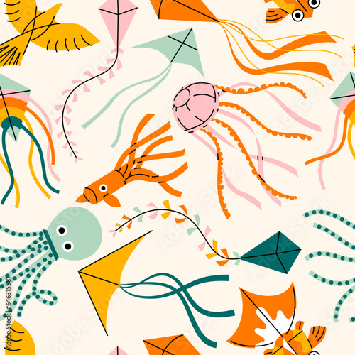 Seamless pattern with Cartoon kites in sky. Trendy colourful vector Hand Drawn illustration. Wind flying toy with ribbon and tail for kids. Makar Sankranti. 