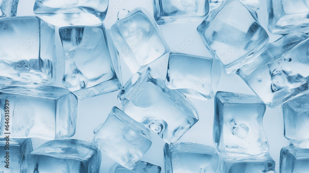 Ice cubes bluish background. Frozen water. Cold fresh concept. Generative AI