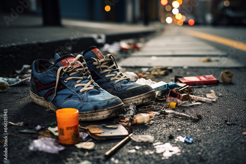 A pair of abandoned shoes amidst drug-related items on a lonely street corner, telling a silent tale of lives consumed by substance abuse