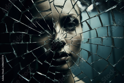 The fractured reflection of a somber face in a broken mirror conveys the fragmentation of identity and life that drug abuse can lead to