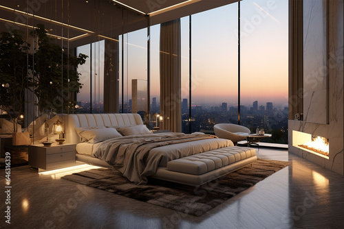 white bedroom at sunset modern styles, minimalist generated by AI