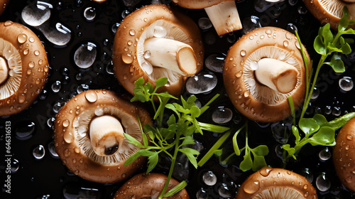 Fresh champignones mushrooms with water drops background. Vegetables backdrop. Generative AI