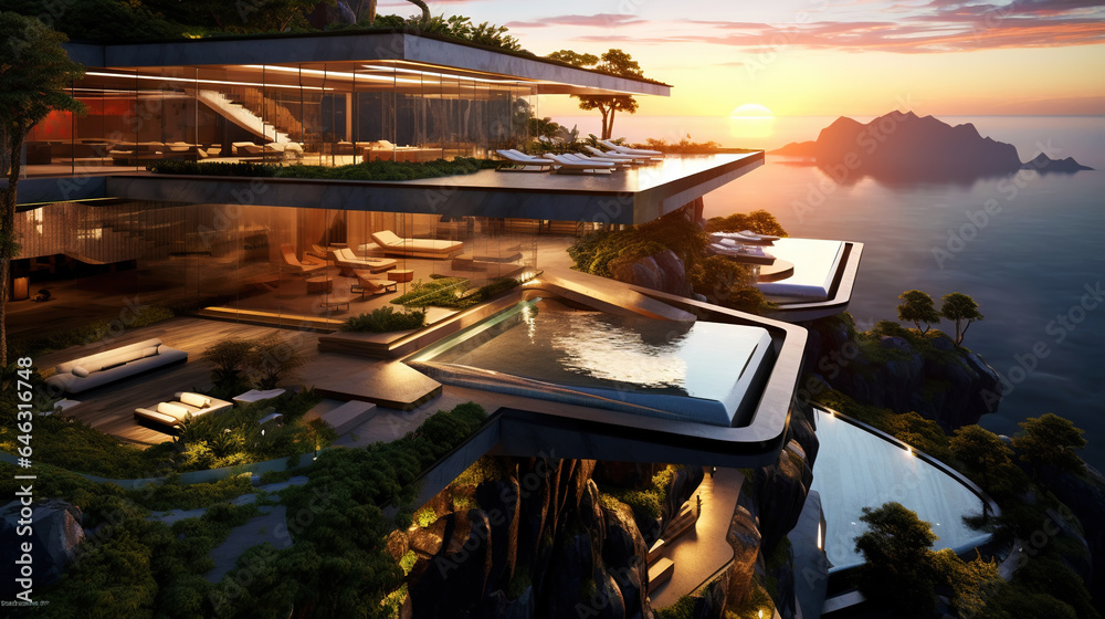 Luxury contemporaty villa on a mountain hill with a view on ocean. Generative AI