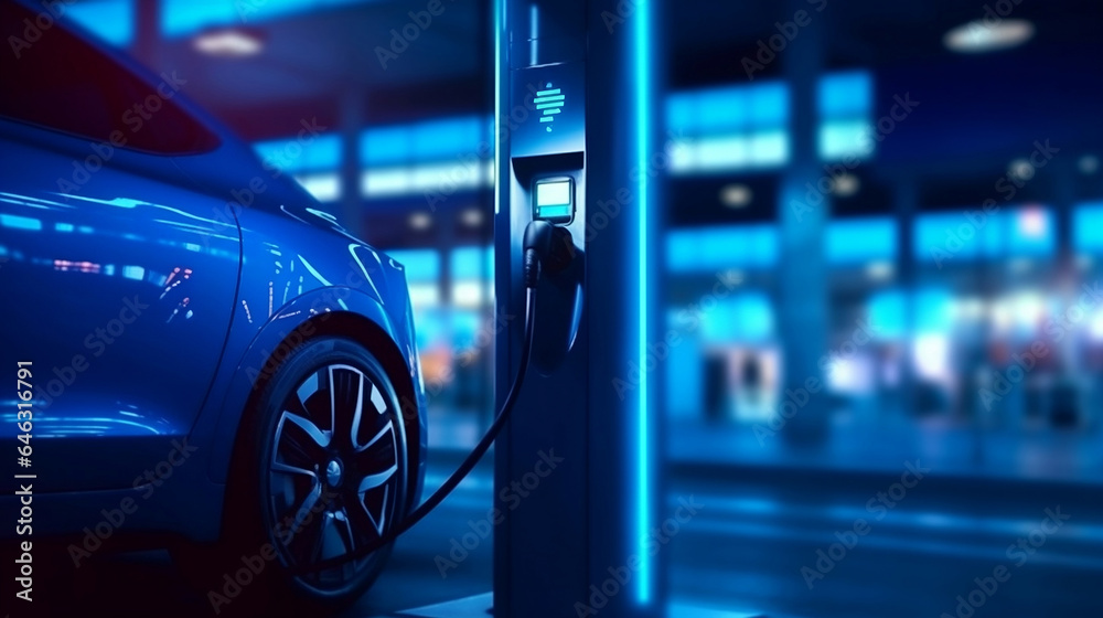 Electric Car is charging at station, future of electric vehicle and sustainability concept.