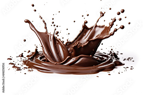 Chocolate Splash effect isolated on a white background. A realistic chocolate splash, pouring liquid chocolate whirl, melted, molten cocoa flow. Liquid explosion with drops for product design.