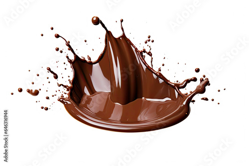 Chocolate Splash effect isolated on a white background. A realistic chocolate splash, pouring liquid chocolate whirl, melted, molten cocoa flow. Liquid explosion with drops for product design.