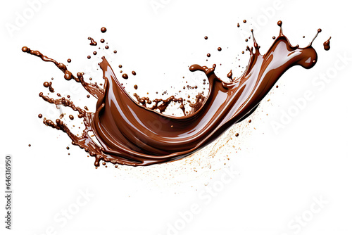 Chocolate Splash effect isolated on a white background. A realistic chocolate splash, pouring liquid chocolate whirl, melted, molten cocoa flow. Liquid explosion with drops for product design.