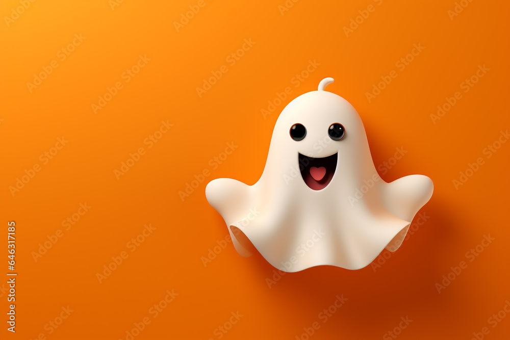 Cute smiling halloween ghost on orange background.