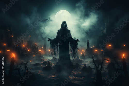 A ghostly figure moving through a misty graveyard in the evening. Spooky concept.