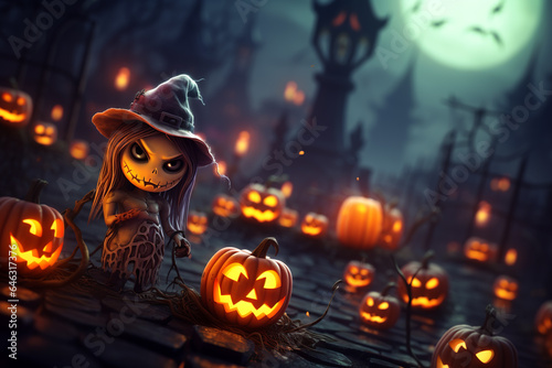 Cut little witch surrounded of Halloween pumpkins.