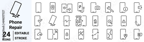 set of 24 line web icons Phone repair. Smartphone breakdown and recovery. Repair Center. Collection of Outline Icons. Vector illustration.