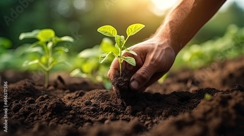 Close up male hands of farmer planting seedling in fertile soil with sunlight. Earth day concept