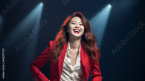 Happy Business woman.Portrait of young happy woman wearing red - white suit looks in camera on dark background. Generative AI.