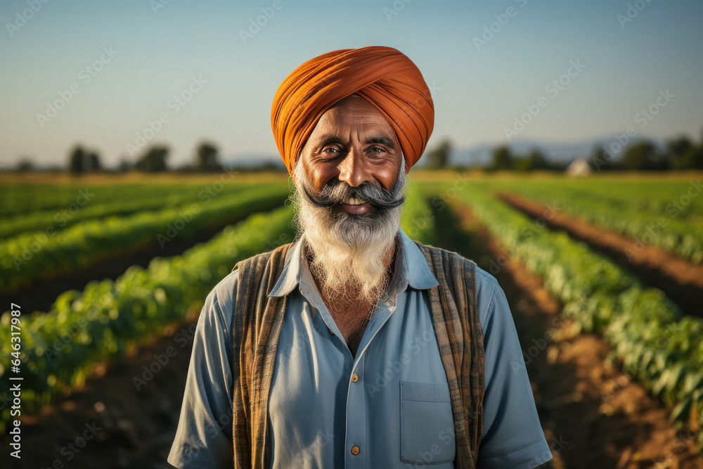Senior indian farmer giving happy expression at agriculture field - obrazy, fototapety, plakaty 