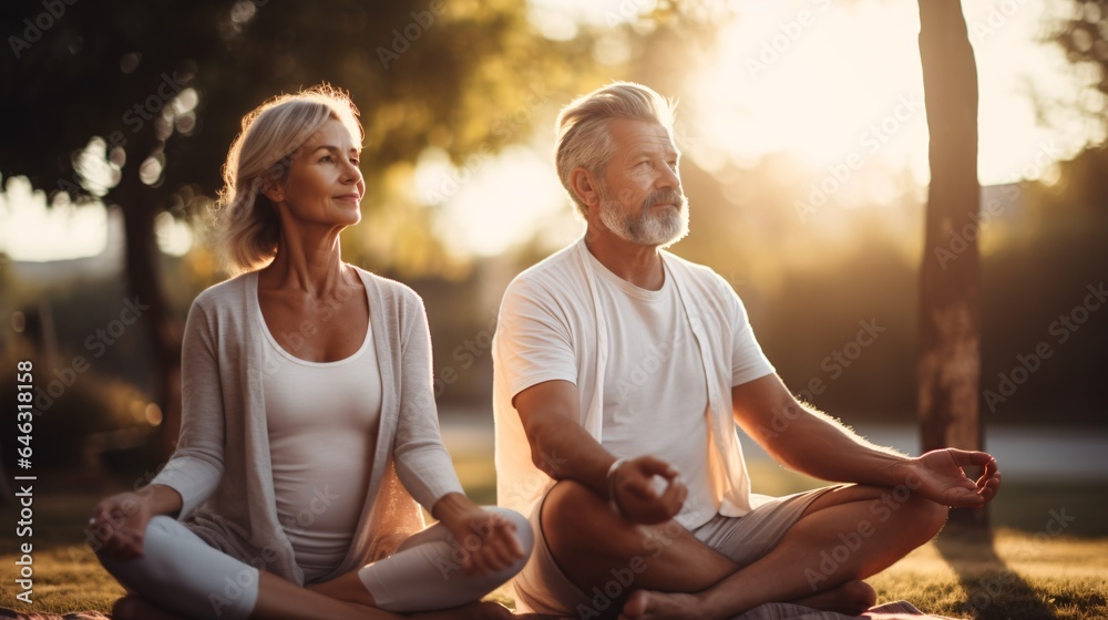 Senior couple practicing yoga outdoors in the park, promoting a healthy lifestyle.. Senior couple practicing yoga outdoors in the park, promoting a healthy lifestyle..