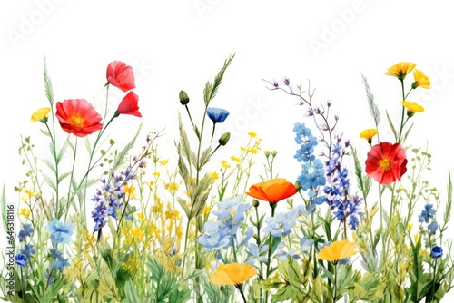 A colorful summer meadow of wildflowers in a vintage watercolor botanical illustration, perfect for floral designs. © Andrii Zastrozhnov