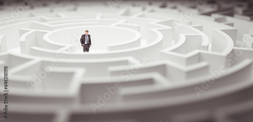 3D illustration Rendering. 3D miniature Businessman Standing in front of the maze. Success soncept