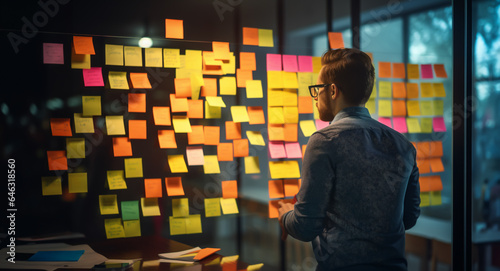 Project management: Man standing in front of wall with many notes and postits thinking and planning - Theme Projects, Project Software, Complex Projects - Generative AI
