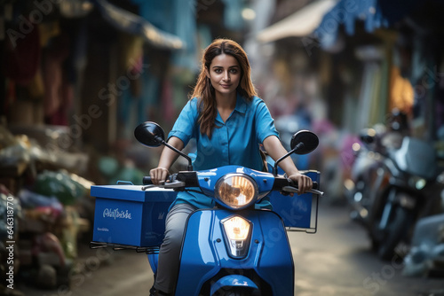 Young indian girl riding bike delivering food or other parcel.