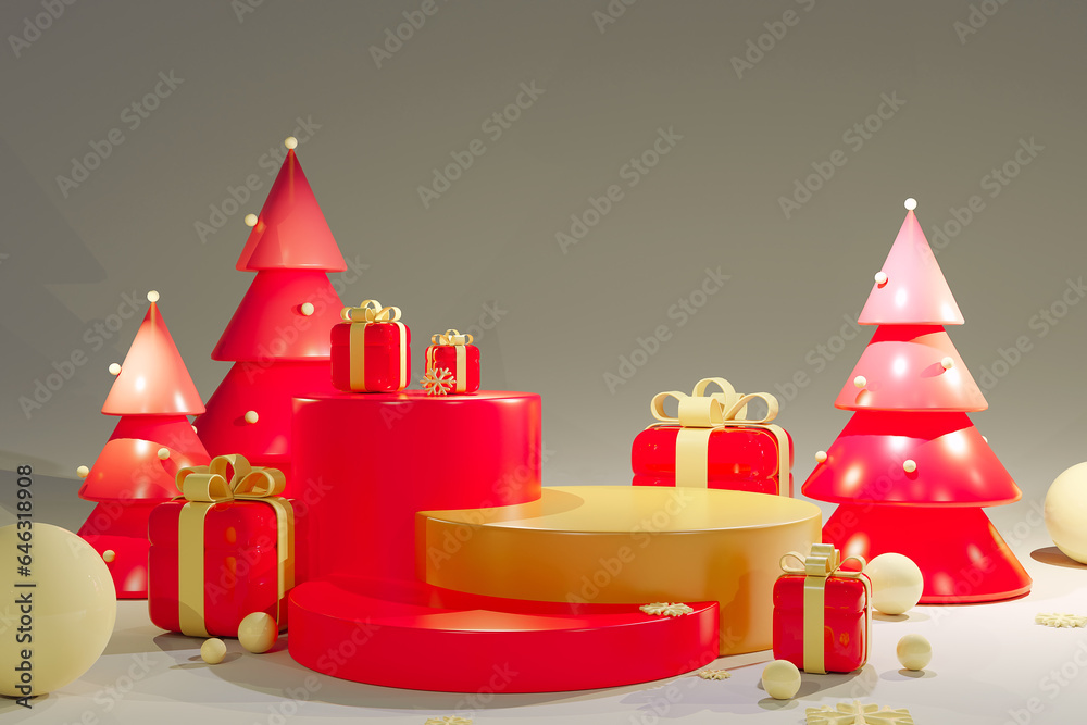 Festive Christmas scene podium for products showcase, promotional sale, minimalist gold with red color