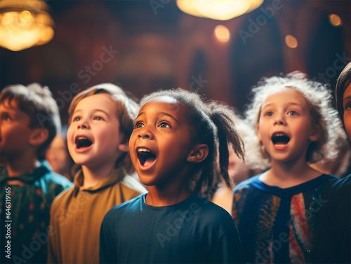 Group of young kids singing in a choir. Night scene.