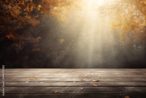 Beautiful autumn background with concrete floor and volumetric light rays from right side Generative AI