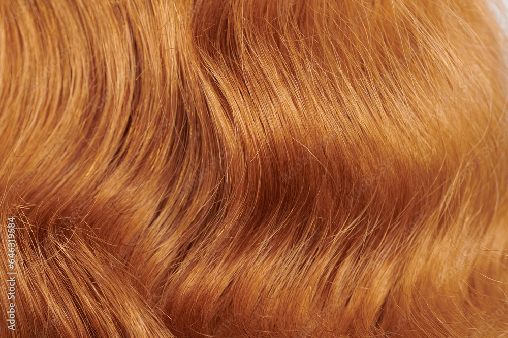 Naklejka premium Close-up view of natural shiny fair hair, bunch of ginger curls background