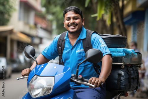 Indian deliveryman in uniform riding bike and giving happy expression
