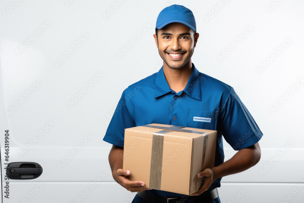 Young deliveryman or courier boy holding box in hand. Young deliveryman or courier boy holding box in hand.