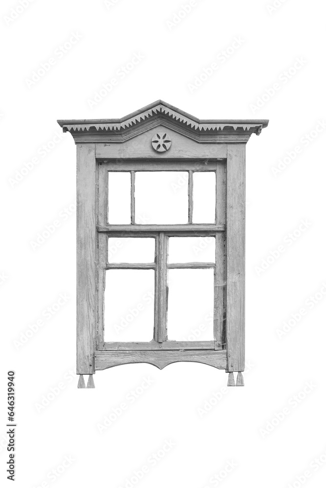 Old white ukrainian wooden window frame with decorative elenents isolated on white background.