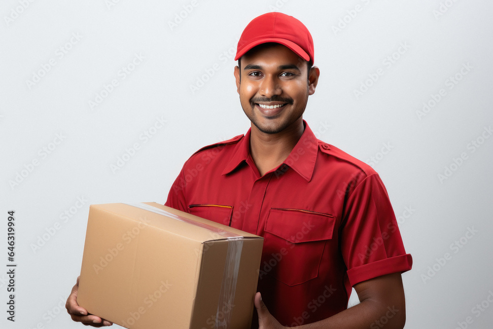 Young deliveryman or courier boy holding box in hand. Young deliveryman or courier boy holding box in hand.