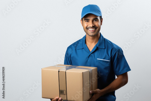 Young deliveryman or courier boy holding box in hand. © PRASANNAPIX