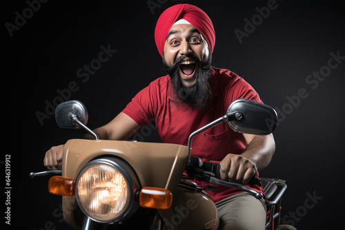 Indian man loud laughing while riding motorcycle