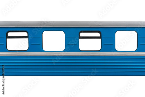Textured body of an old metal passenger rail car with white line isolated on white.