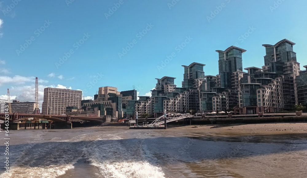 The high rise buildings next to the River Thames in Vauxhall, London, UK