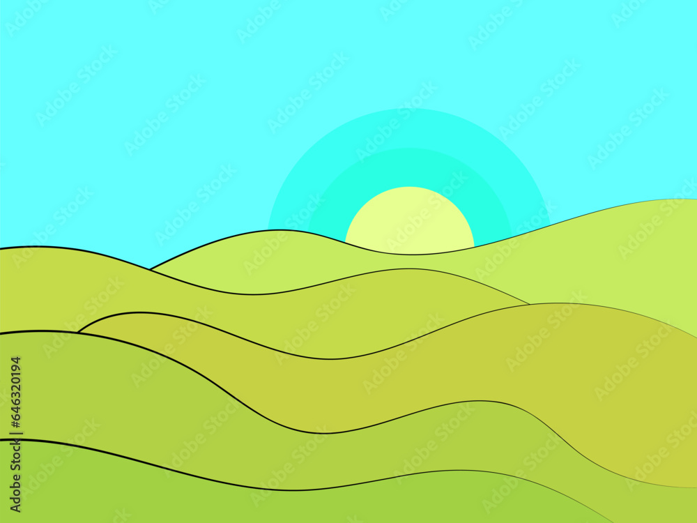 Obraz premium Green wavy landscape in a minimalist style. View of the hills with the sun at dawn. Plains and mountains. Boho decor. Design for printing banners, posters, book covers. Vector illustration
