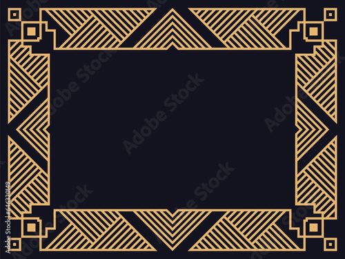 Art deco frame. Vintage linear border in gold color on a black background. Design a template for invitations, leaflets and greeting cards. The style of the 1920s - 1930s. Vector illustration