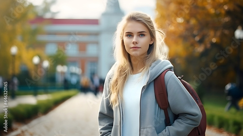 Scandinavian girl with curly long hair, wearing casual clothes and backpack with college campus in background in sunflare. Concept of a new student, college life, campus life.