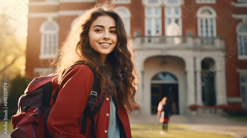 Young beautiful happy smiling brunette girl with curly long hair looking towards the camera, wearing casual clothes and backpack with college campus in background in sunflare. 