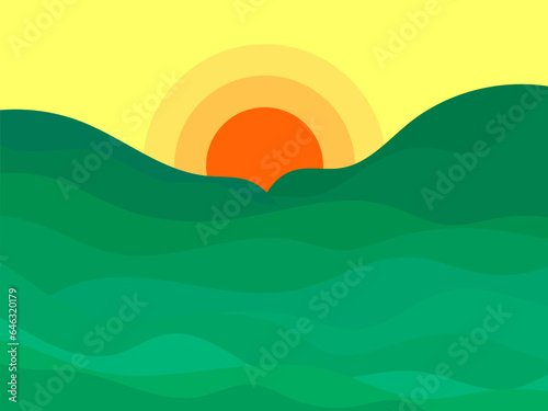 Wavy landscape with green hills and the sun on the horizon. Dawn with green meadows in a minimalist style. Design for posters  prints and banners. Vector illustration