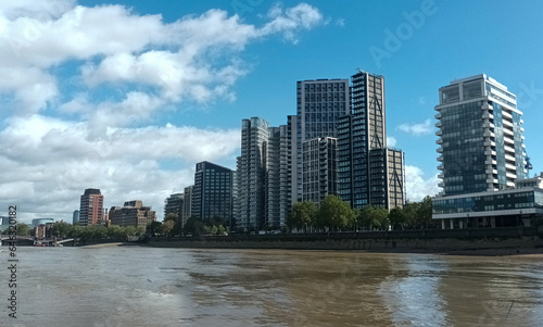 The high rise buildings next to the River Thames in Vauxhall, London, UK