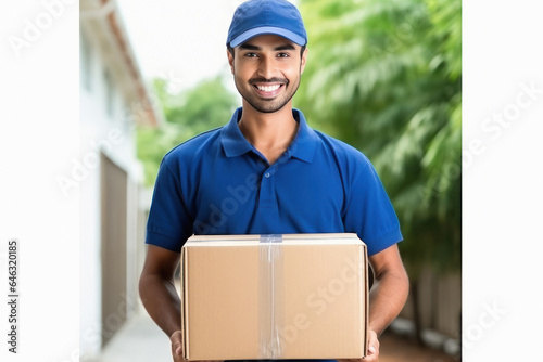 Young deliveryman or courier boy holding box in hand.