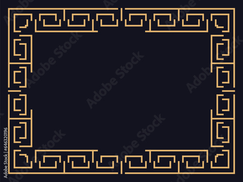 Art deco frame. Vintage linear border in gold color on a black background. Design a template for invitations, leaflets and greeting cards. The style of the 1920s - 1930s. Vector illustration
